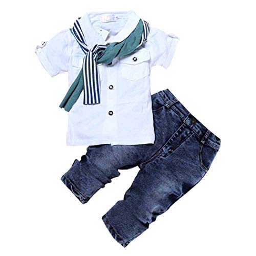 Image of MYGBCPJS 3Pcs Boy Handsome Outfit Set Plaid Shirt + T-Shirt + Suspender Jean Sets
