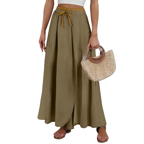 Womens Cotton Linen Embroidery Skirt, High Waisted Flowy Maxi Anthropologie Skirts, 2025 Summer Fall Boho Casual Outfits