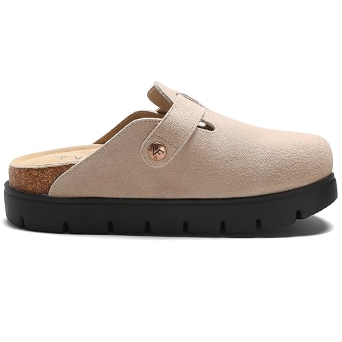 Image of Women's Suede Platform Clogs Leather Mules Slip On Indoor Outdoor Shoes | Arch Support, Cork Footbed, Adjustable Buckle,All Day Comfort