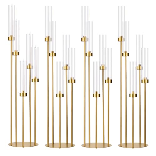 Fullvaseer 5 Arm Candelabra with Acrylic Lampshade Set of 4 Gold Candelabra for Wedding Table Birthday Party Home Decoration 39.4'' Candle Holder Fit LED Taper Candles by Fullvaseer - Used condition - US$90.15