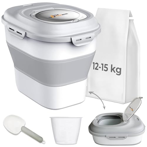 The FlexiNest Dog Food Storage Container 5kg 10kg 12kg 15kg,Airtight Food Storage Container for Pet Food, Rice, Flour, Cereal-Collapsible Dog Food Storage Bin with Sealed Lids, Wheels, Scoop and Cup