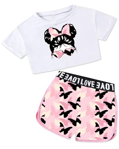 Image of Betusline Girls Summer 2 Piece Outfits,Kids Short Sleeve Crop Top & Shorts Set with Side Pockets