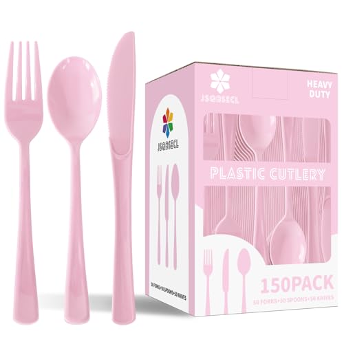 150 Pack Plastic Silverware Disposable Cutlery Set Heavy Duty Utensil Sets 50 Forks 50 Knives 50 Spoons for Brithday Wedding Home School Party Picnics Restaurant Outdoor Events (Pink)