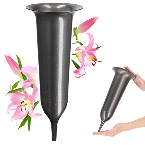 KADAX Spiked Grave Vase, Plastic Memorial Vase, Weatherproof Grave Flower Holder for Cemetery, Graveside Ornament for Artificial Flowers (34.5 cm, Graphite)