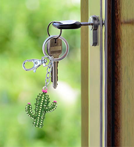 Aqua79 Cactus Keychain - Silver 3D Sparkling Charm Rhinestones Fashionable Stylish Metal Alloy Durable Key Ring Bling Crystal Jewelry Accessory With Clasp #TOP7