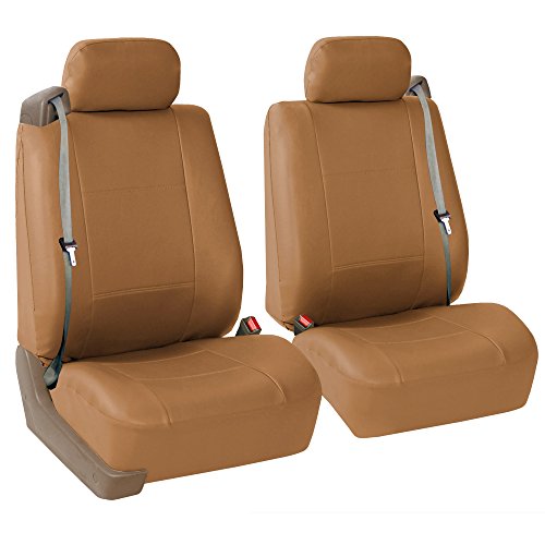 FH Group PU309102 All-Purpose Built-in Seat Belt PU Leather Seat Covers (Tan) Front Set – Universal Fit for Cars Trucks & SUVs