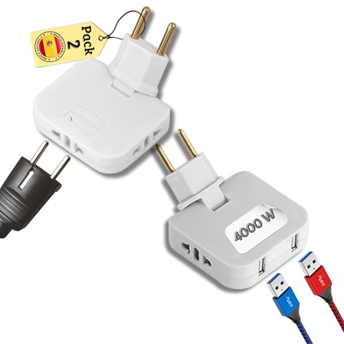 【Pack 1 Y 2】 Ladron enchufes Plano 1 de 3 Tomas + 1 con 2 Salidas USB y 2 Standard 4000W 250V 16A, Enchufe Plano Pared extraplano Giratorio 180º, ladrón Enchufe Plano, Enchufe Multiple Plano.