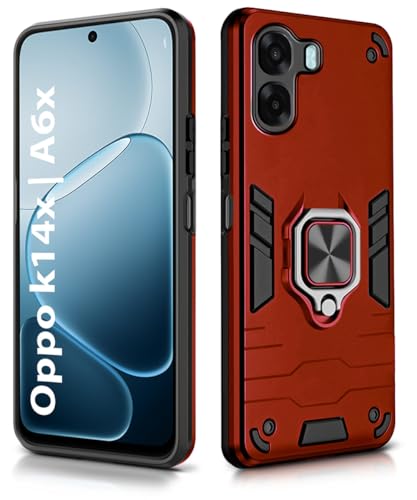Image of WOW IMAGINE Shock Proof Back Case Mobile Cover for Oppo K14x 5G | Oppo A6x | A6s 5G | Back Cover Case (Tough Armor | Hybrid PC + TPU | Ring Holder & in-Built Kickstand | Red)