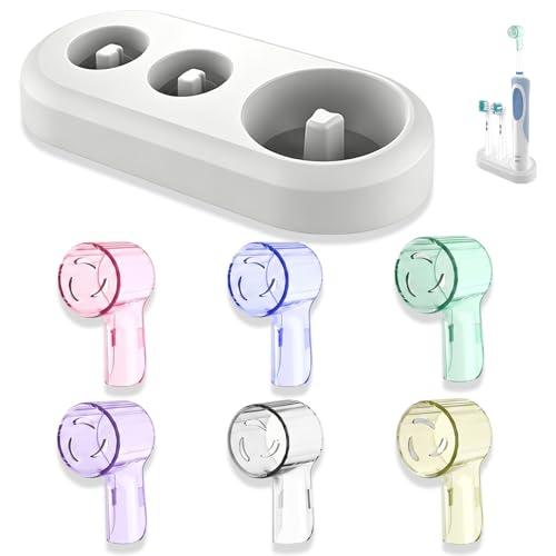 LYQNIHOB 6 pcs Cubiertas para Cabezales + 1 pcs Soporte para Cepillo de Dientes Compatible con Oral-B iO, Funda Cepillo Dientes, Funda Cepillo Electrico a Prueba de Polvo y Gérmenes, Multicolor+Blanco
