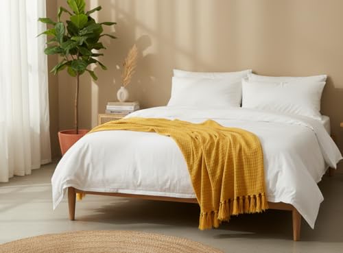 Image of Furnistitchs Bohemian Cotton Sofa Throw Blanket 50x60 inches | Waffle Knit & Chevron Pattern with Fringes | Aesthetic Decorative Couch Throw for Living Room & Bedroom (Mustard Waffle)