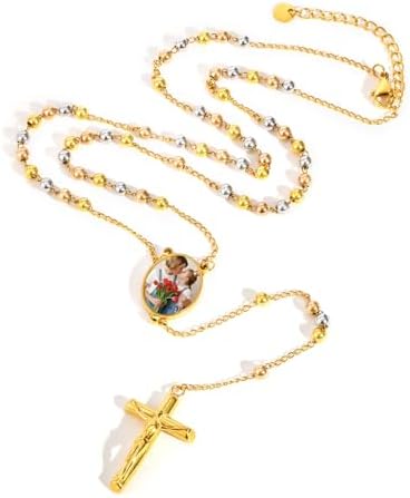 Rosary Bead Cross Necklace for Women -18k Gold Plated Custom Photo Y-Necklaces, Extender Chain Christian Long Necklace, Religious Crucifix Drap Dangle Lariat Necklaces Jewelry Gift for Her