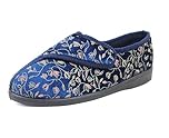 IMTY Womens Wide Opening Diabetic Orthopaedic Machine Washable Touch Fasten Slippers Ladies Floral Velour House Shoes (Navy, UK Footwear Size System, Adult, Women, Numeric, Medium, 7)