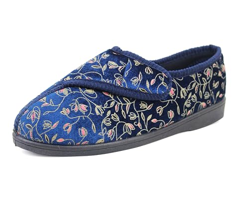 IMTY Womens Wide Opening Diabetic Orthopaedic Machine Washable Touch Fasten Slippers Ladies Floral Velour House Shoes (Navy, UK Footwear Size System, Adult, Women, Numeric, Medium, 6)