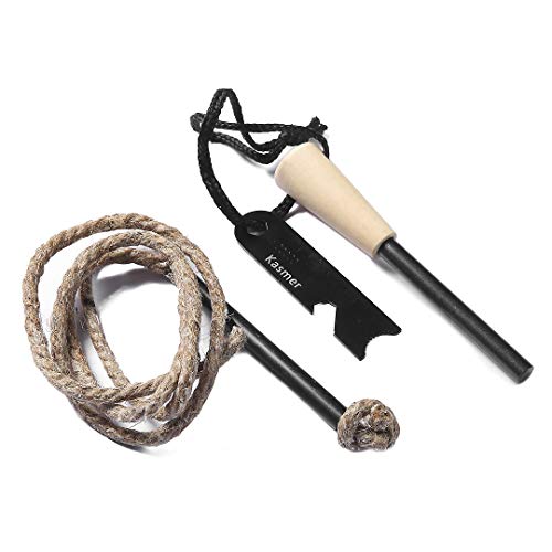 Kasmer Fire Starter Kit Survival Tools Ferro Rod Waterproof Fire Starting Jute Rope Wax Infused Wick Tinder Flint and Steel for Camping Backpacking Hiking Gears (Black withTube)