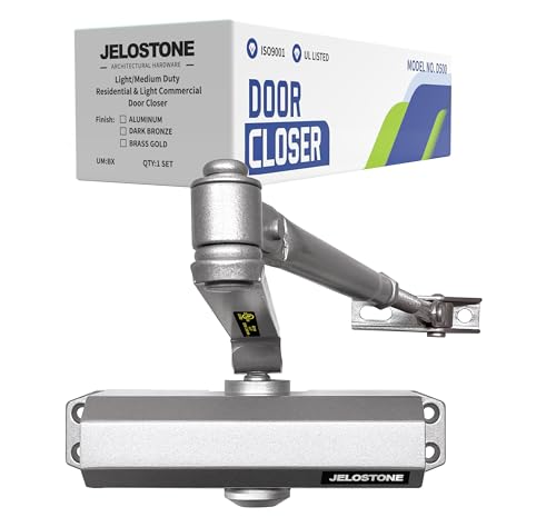 Light/Medium Duty Residential & Light Commercial Door Closer JELOSTONE D500, Fixed Size #3 Spring Power and 2 Valves Door (55-150LB/33-36 in), UL 3 Hour Fire Rated, Indoor/Outdoor (Aluminum)
