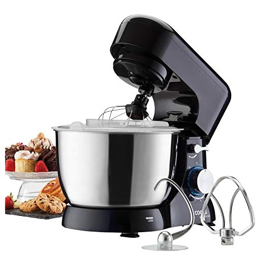 Cooks Professional Stand Mixer 1000W with 8 Speeds & Pulse Function, 4.5L S-Steel Mixing Bowl, Splash Guard, Whisk, Beater & Dough Hook | Electric Kitchen Mixer for Cakes, Bread, Baking | Black