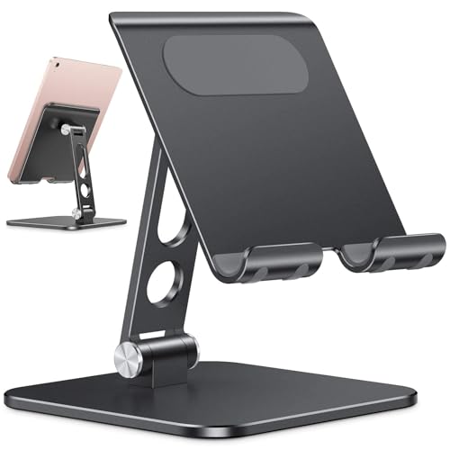 OMOTON Soporte para Tablet Ajustable Mejorado, Soporte para iPad con Base Más Pesada, Base Plegable Móvil de Escritorio de Aluminio Resistente Compatible con iPad Pro 12.9 Air Mini Xiaomi Huawei Negro