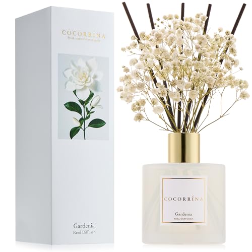 Image of COCORRINA Reed Diffuser - Gardenia 6.7 Fl.oz Reed Diffuser Set with Sticks & Preserved Baby's Breath, Reed Diffuser for Home Bathroom Shelf Decor