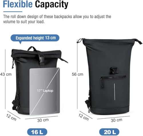 Lekeinchi Rolltop Rucksack Wasserdicht für Damen & Herren, Großer Laptop Rucksack mit Computerfach für 17 Zoll Laptop, Elegant Reiserucksack Daypack für Reisen, Radfahren, Uni Schule--Schwarz