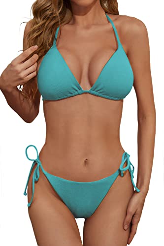 Image of Zuvebamyo Women's Two Piece Bikini Swimsuit Sexy Ribbed Triangle Top Bathing Suits String Cheeky Bikini Sets
