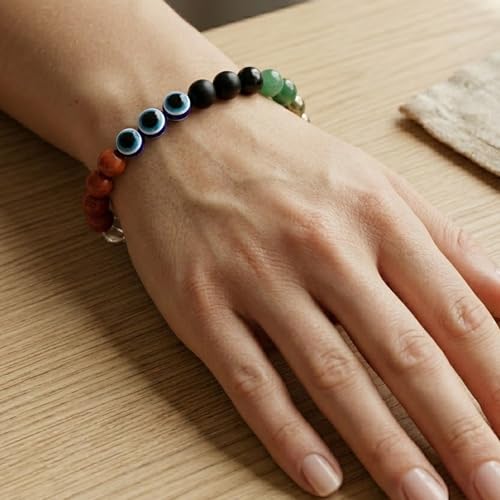 Image of Dhan Dhara Bracelet | Wealth Growth & Financial Progress | Red Jasper, Clear Quartz, Pyrite, Green Jade, Black Tourmaline, Evil Eye | Temple Blessed & Energized | For Men & Women | Certified Natural Crystals