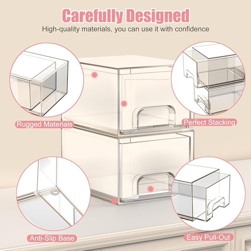 2 Stück Badschrank Organizer Box, Stackable Acryl Aufbewahrungsbox Schublade mit 16 rutschfeste Matte und Haltbarkeit, Organisationsboxen für Schlafzimmer Spülbecken Schreibtisch Badschrank Organizer