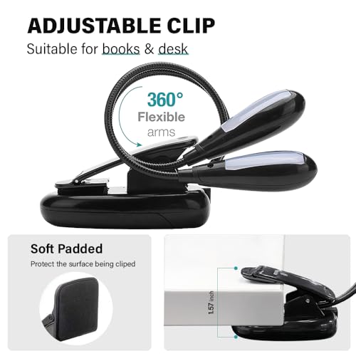 Vekkia Dual Heads Rechargeable Book Light for Reading at Night in Bed, Warm Reading Light with Clamp, 180° Adjustable Mini Clip on Light, Lightweight Eye Care Book Light Perfect for Readers