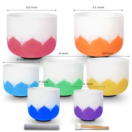 Leize 6-12 inch Lotus Design Chakra Tuned 432hz Set of 7 Quartz Crystal Singing Bowls with Heavy Duty Carrying Cases and Singing Bowl Mallet Suede Strikers