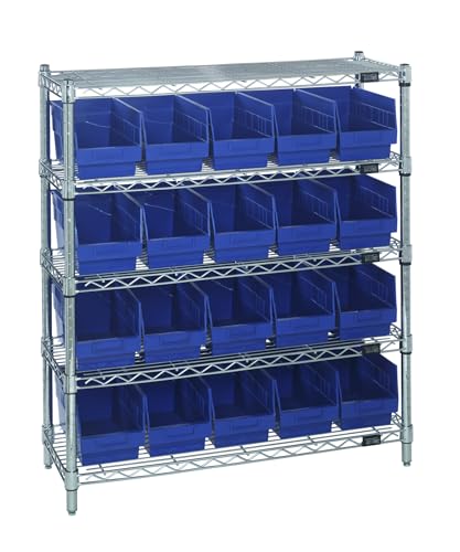 Quantum Storage Systems WR5-39-1236-202BL Wire Heavy Duty 5 Shelves 20 STORE-MORE Blue Bins 39" H x 36" W x 12" D