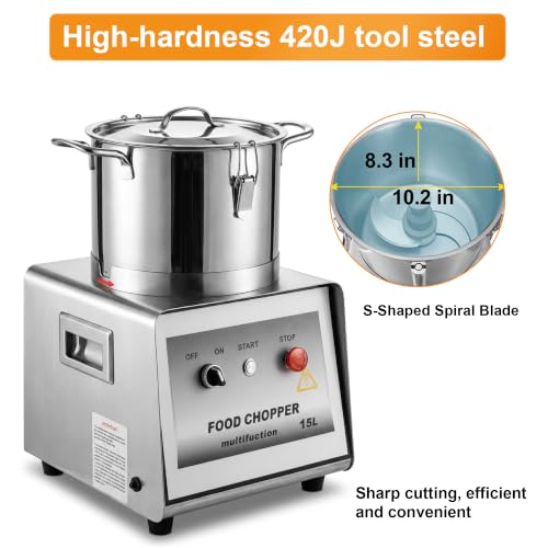 Image of 15L Commercial Stainless Steel Food Processor, 1400W Electric Vegetable Cutter Heavy-Duty Veggie Chopper with S-Shaped Blade for Chopping Vegetable, Fruit, Bread & Meat