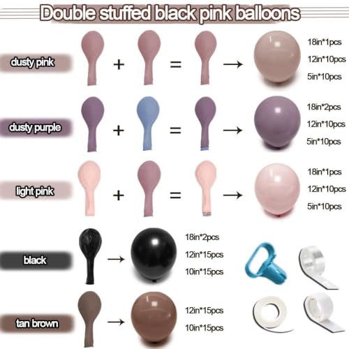 Image of Black Pink Balloon Arch Double Stuffed Dusty Rose Purple Brown Balloon