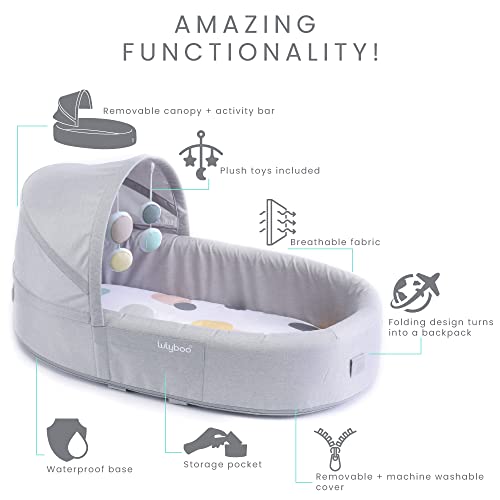 Lulyboo Portable Baby Travel Lounge & Playpen - Indoor/Outdoor Cuddle & Play Baby Bed, Adjustable Backpack, Waterproof, Lightweight, Includes Changing Pads, Plush Toys & Removable Canopy (Bubble 2) - Thumbnail 3