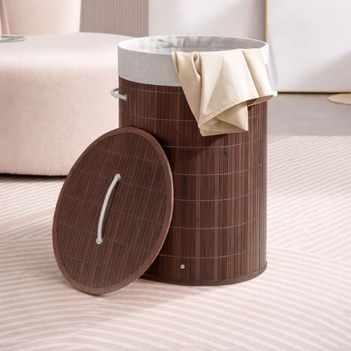 Image of Rioware Bamboo laundry bag basket for clothes with lid toy storage organiser box foldable Round Home Organizer and Storage | Eco Friendly | Compact and Easy to carry Dark Brown Econest