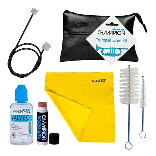 Champion Music Trumpet Care Kit. Cleaning and Maintenance Pack Complete with Valve Oil, Slide Grease, Cleaning Brushes, Long Cleaning Snake Brush & Polish Cloth.