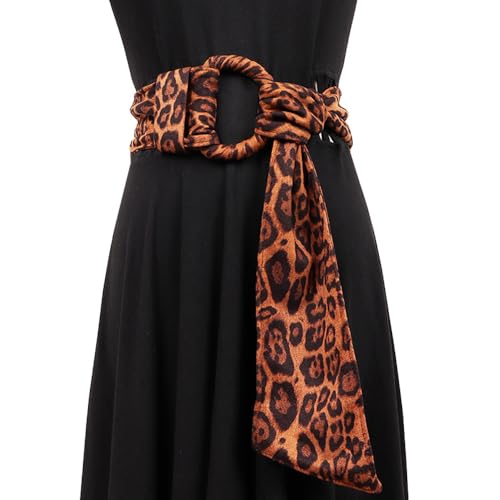 Leopard Wide Waist Belt Self Tied Wrap Around Obi Boho Dress Belt Sash Waistband with Buckle4