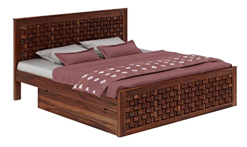 Image of WOODLAB Furniture Solid Sheesham Wood King Size Bed with 2 Side Drawer Storage and Niwar Style Headboard | Wooden Double Bed Cot Palang for Bedroom Living Room Home and Hotel (Honey Finish)