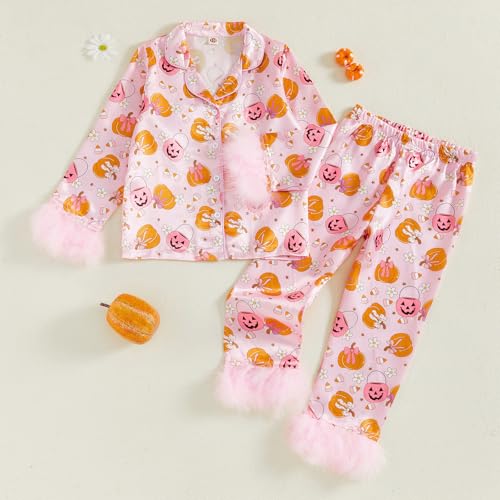 Toddler Baby Girl Satin Pajamas Set Silk Halloween Pjs Furry Cuff Button Down Top Long Pants Sleepwear Fall Clothes4