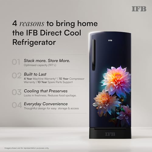 Image of IFB 197L 5 Star Advanced Inverter Direct-Cool Single Door Refrigerator with 30 Hrs Cooling Retention, Big Vegetable Box, 4 Year Super Warranty & Base Stand (2026,IFBDC-223EYBNED,Divine Bliss Blue)