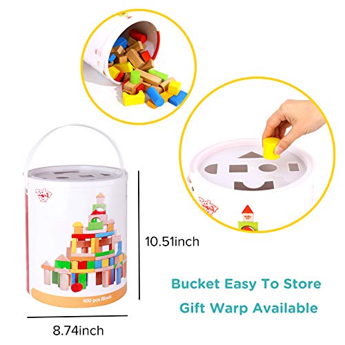 TOOKYLAND Kids Wooden Building Blocks Construction Building Toys Set Stacking Bricks Board Games Educational Montessori Toy for Toddlers - 100 Pieces