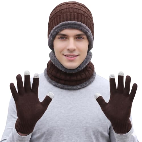 Image of Winter Knit Beanie, Hat, Neck Warmer Scarf and Woolen Gloves Set - Skull Cap for Men & Women (3 Piece)