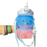 MOUNTTU Bear Water Vottle,1LCute Water Bottles for Girls Kawaii Water Bottle Straw Bottle with Strap for School Travel Supply Water Bottle for Women Frosted Blue