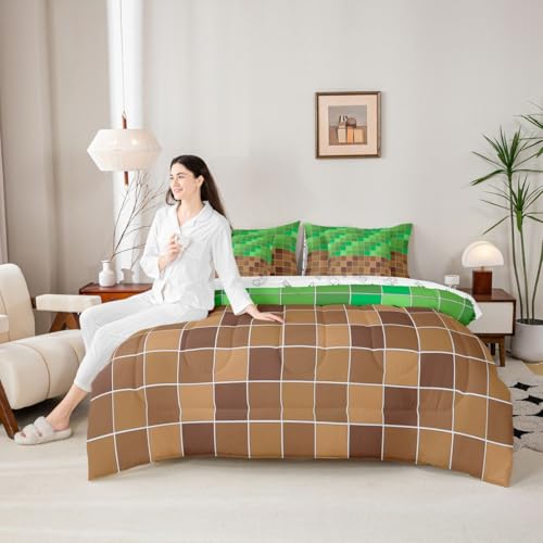 Image of Erosebridal Gaming Plaid King Comforter Set with Sheets 7 Piece Geometric Checkered Gamer Bed in A Bag Checkerboard Games Bedding Sets for Kids Adults,Brown Green Grids Bed Set
