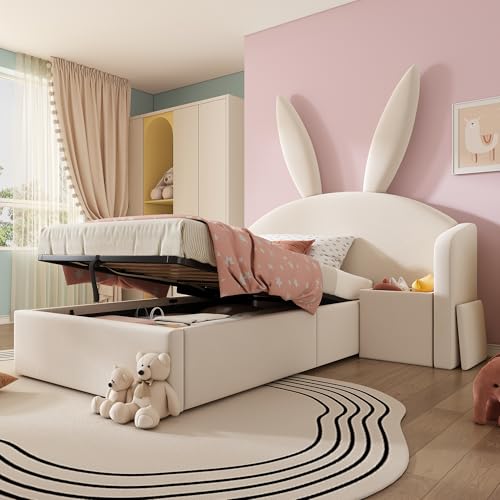 NNJN Cama tapizada de terciopelo, orejas de conejo, cabecero con espacio de almacenamiento y mesita de noche, cama juvenil de diseño (sin colchón) (beis, 90 x 190 cm)