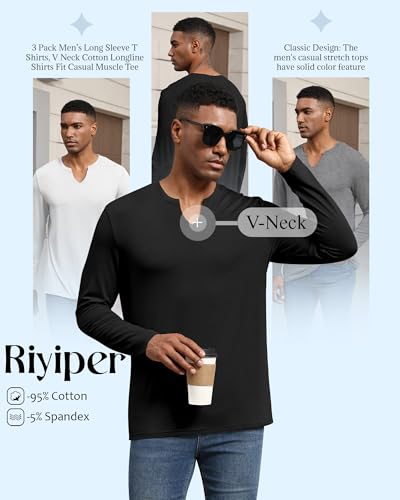 Riyiper 3 Pack Men's Long Sleeve T Shirts, V Neck Longline Henley Cotton Shirts Casual Muscle Tee Stretch Athletic Tops4
