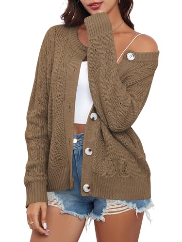 ZAFUL Womens Cable Knit Cardigan Button Down Crew Neck Sweater Loose Long Sleeve Open Front Jacket Outwear