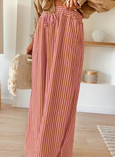 Image of Acelitt Women Casual Drawstring Elastic Waist Striped Wide Leg Pants with Pockets, S-XXL