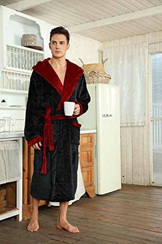 U2Skiin Mens Fleece Hooded Robe Plush Bathrobe (Black/Dark Red, L/Xl) #TOP3