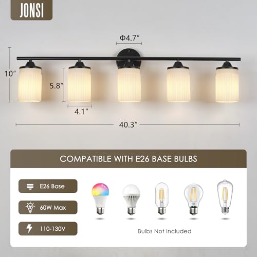 Image of Jonsi Black Bathroom Light Fixtures 5-Light Vanity Lights Modern Wall Sconce with Milk White Shade Brushed Brass Bathroom Light Fixture Over Mirror for Bedroom Hallway Kitchen