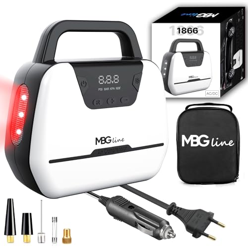MBG line® Compresor aire coche 1866, inflador electrico 12V 230V | bomba portatil con pantalla digital, luz LED y juego de adaptadores | bomba de aire para coche, moto, bicicleta y más