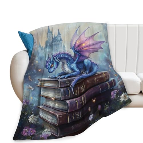 Dragon Blanket, Book Throw Blanket, Dragon Gifts, Reading Blankets, Dragons Stuff Fleece Flannel Plush for Women Men Boys Girls Lovers Adults Soft Bedding for Sofa Bed Office Home Decor 40"X50"